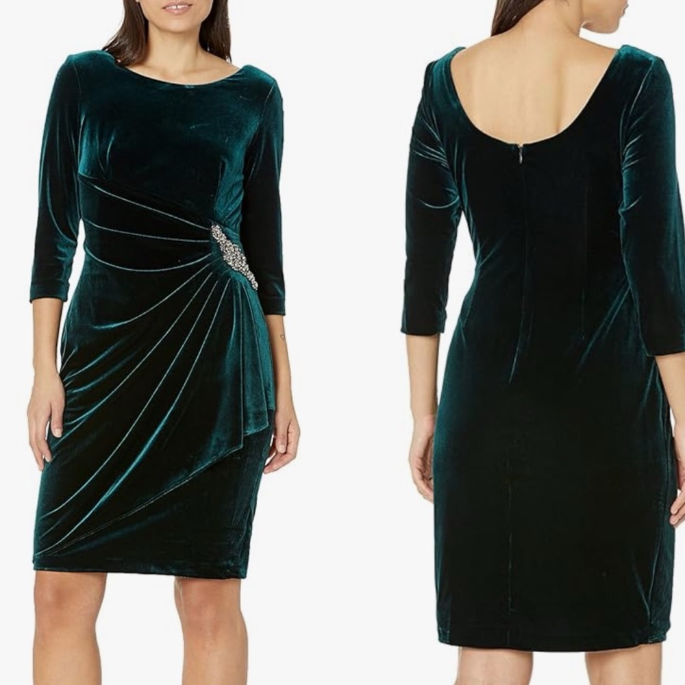 Alex Evenings Short Velvet Ruched Side Cocktail Dress, Imperial Green, Size 10